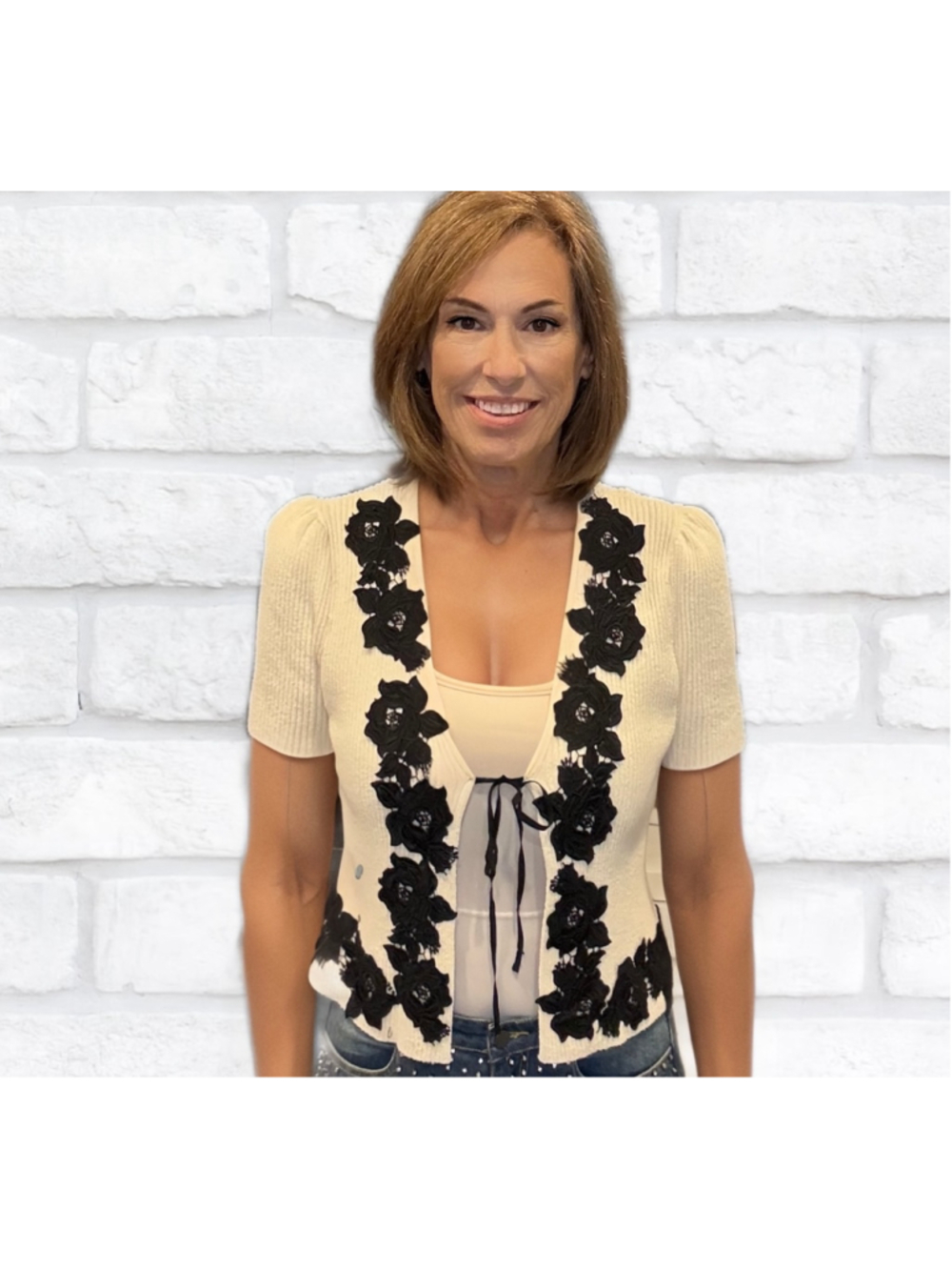 Derek Lam 10 Crosby Maes Lace Trim Ribbed Cardigan Blanc de Blanc Black Small NW - Picture 2 of 7